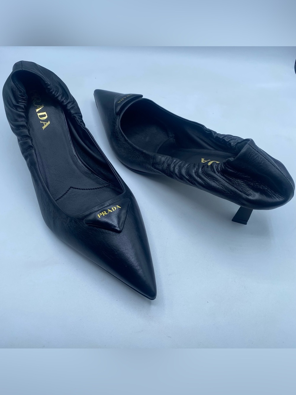 Prada Black Leather Triangle Logo Pointed-Toe Kitten Heel Pumps